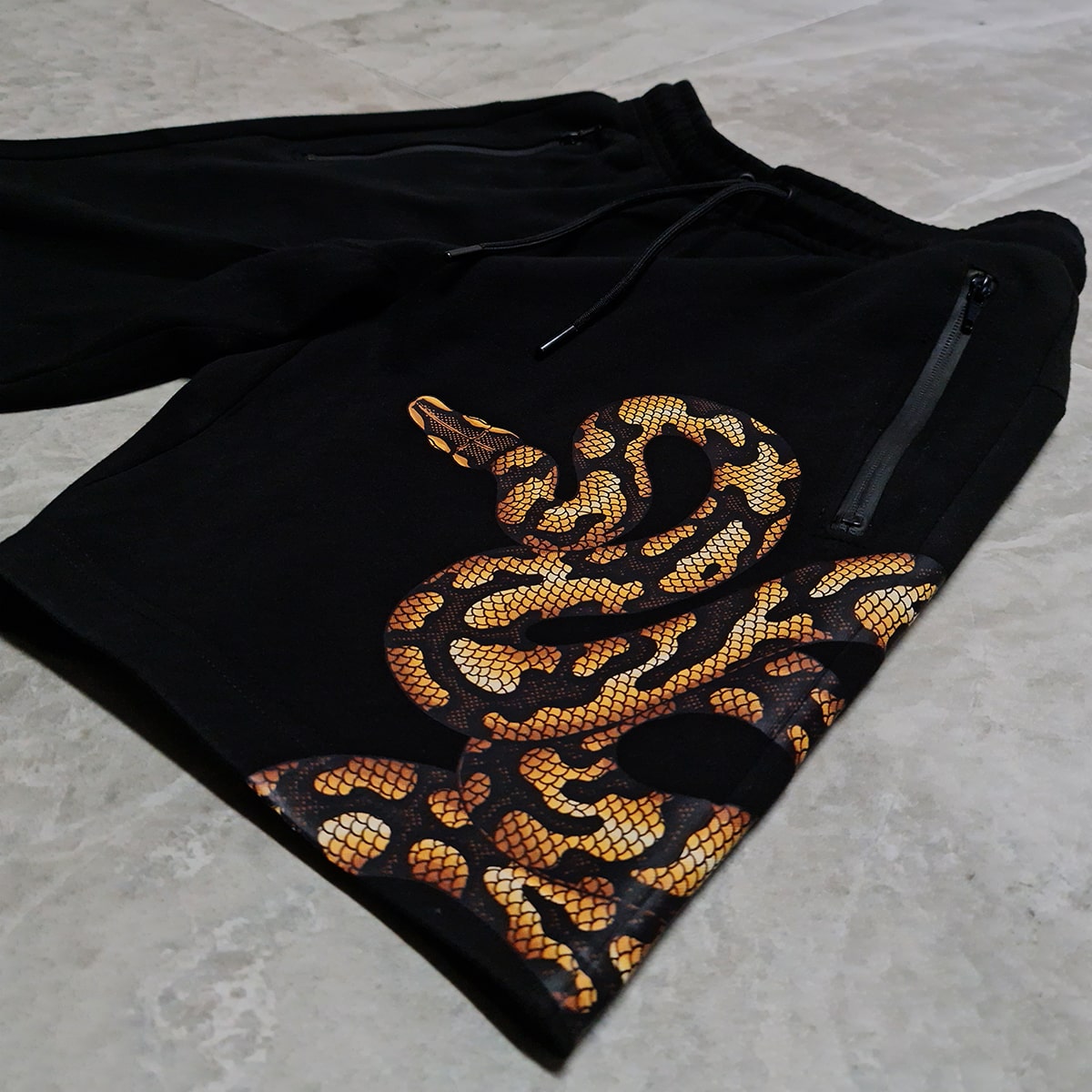 YELLOW PYTHON BLACK FLEECE SHORTS W/ ZIP POCKETS image 3