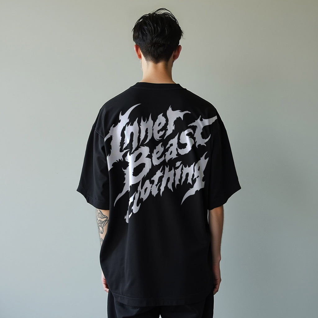 INNER BEAST CLOTHING FLAMES WHITE X BLACK OVERSIZED DROP SHOULDER TEE image 0