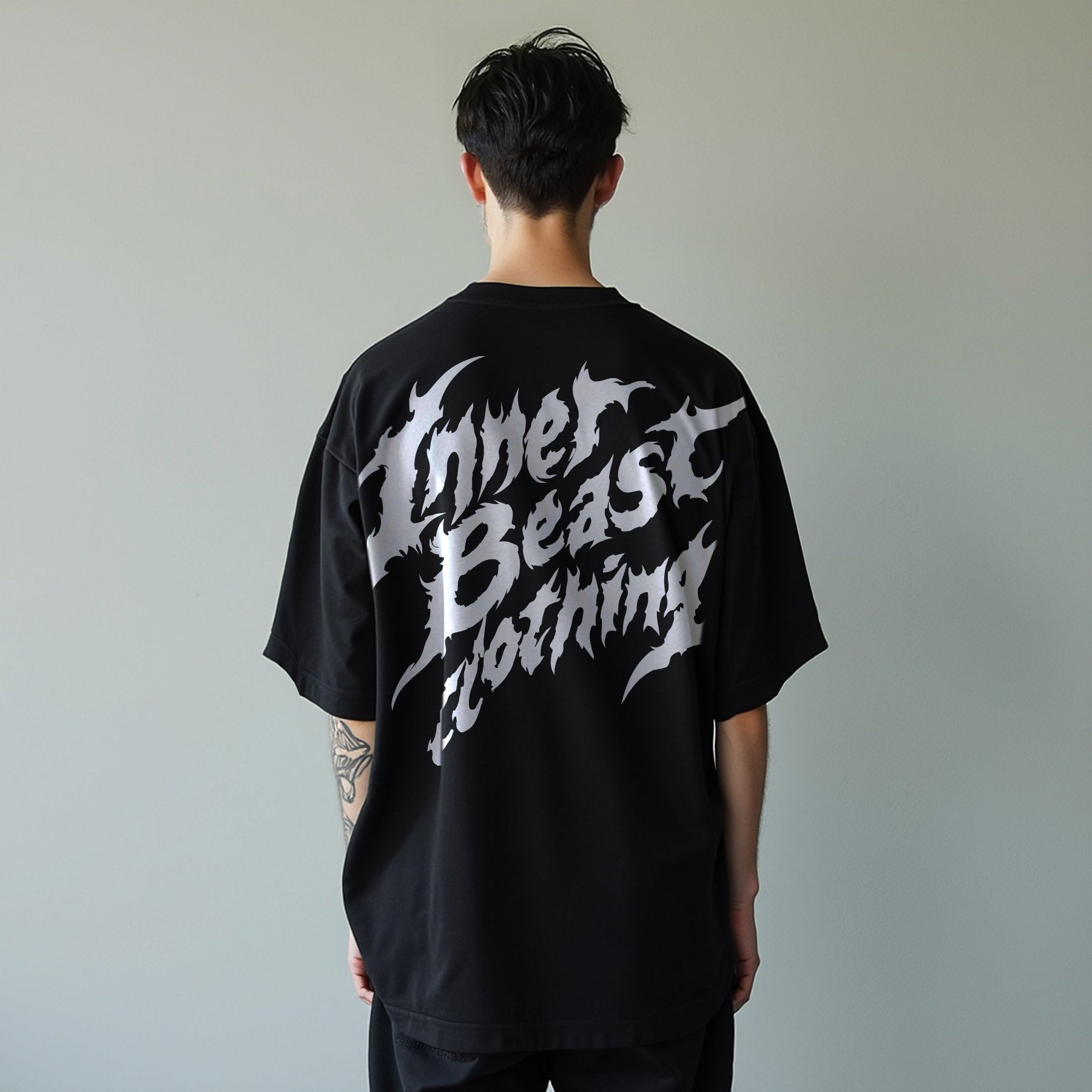 INNER BEAST CLOTHING FLAMES WHITE X BLACK OVERSIZED DROP SHOULDER TEE image 0