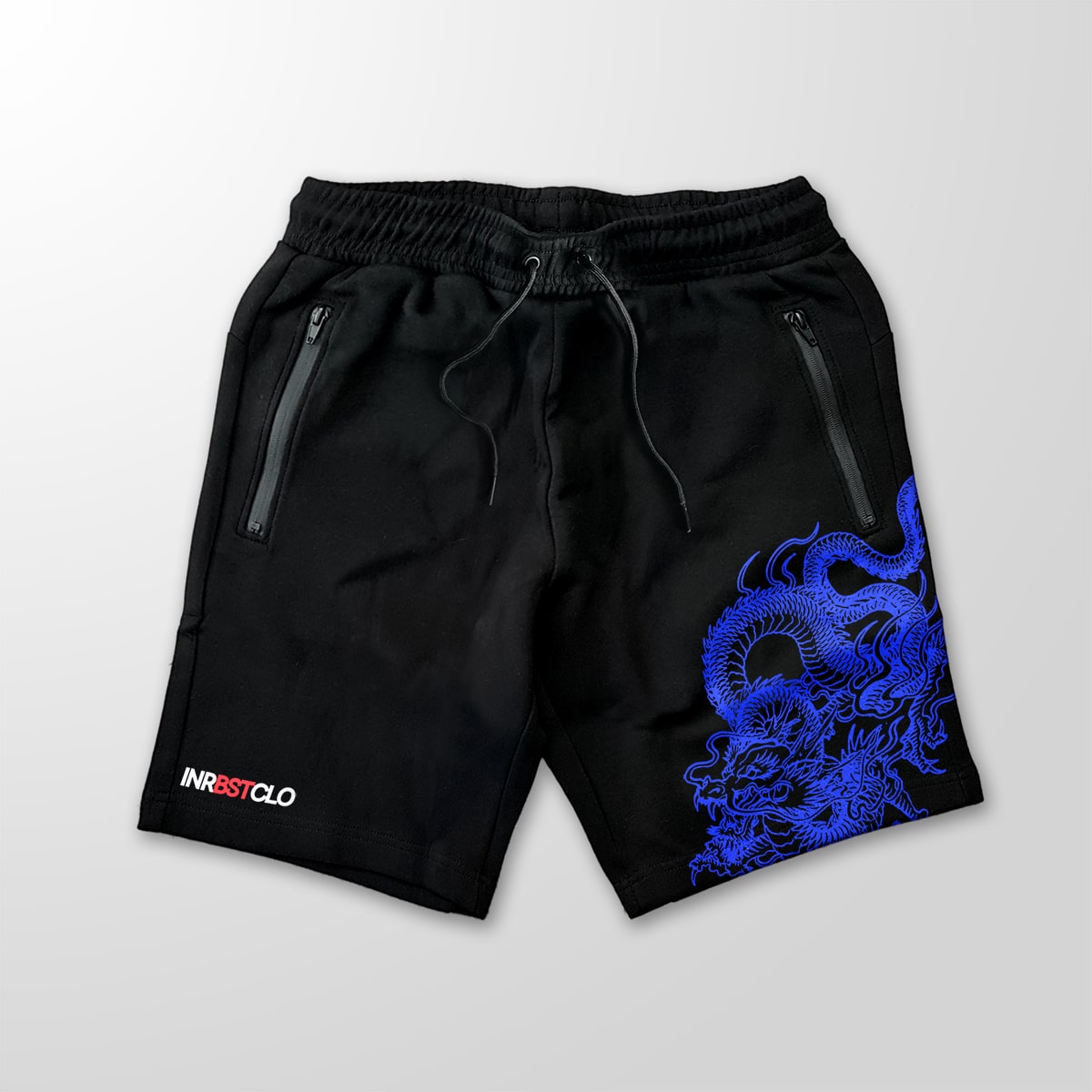NEON BLUE DRAGON BLACK FLEECE SHORTS W/ ZIP POCKETS image 0
