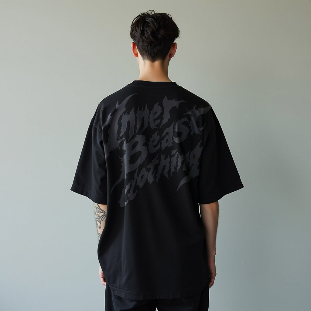 INNER BEAST CLOTHING FLAMES BLACK X BLACK OVERSIZED DROP SHOULDER TEE image 0