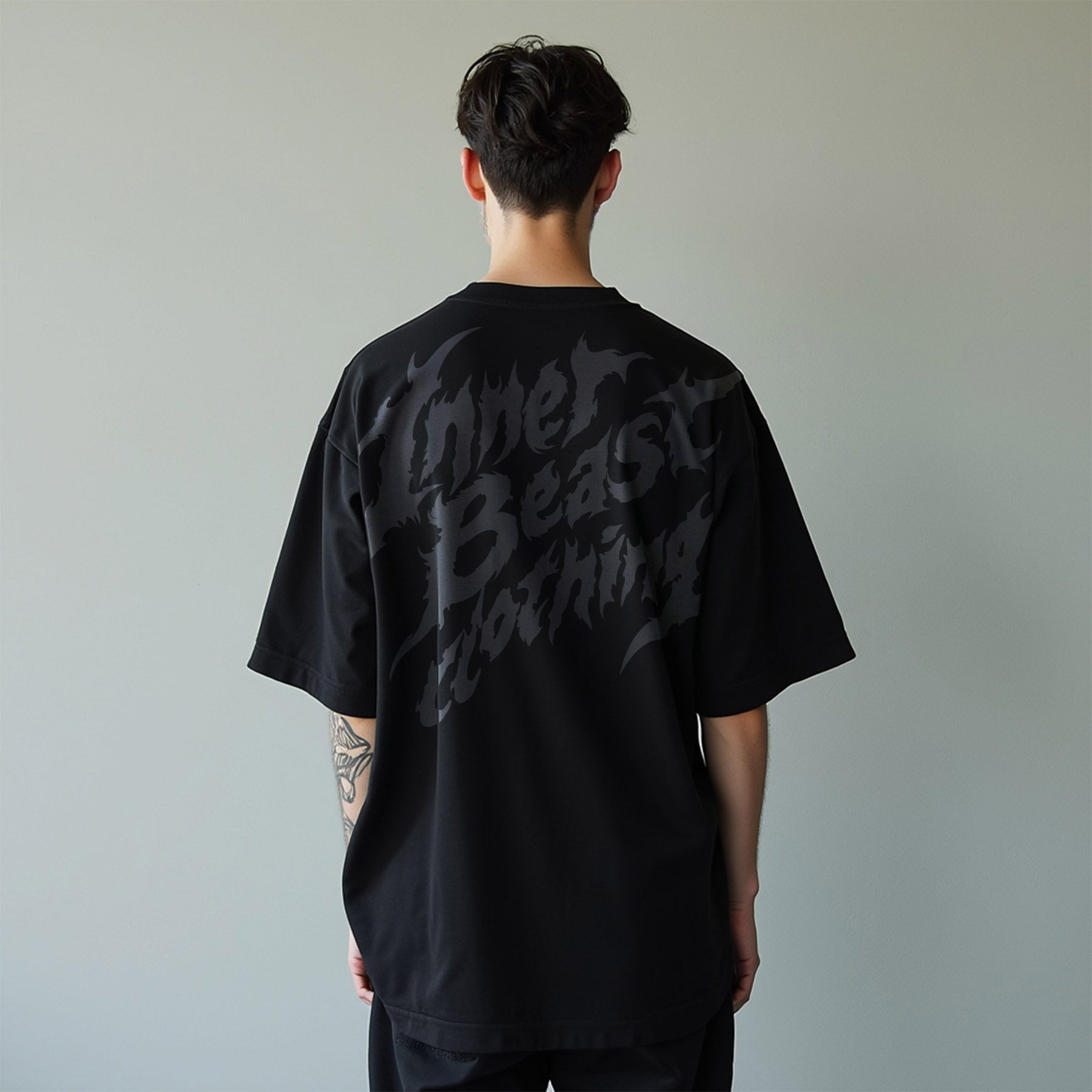 INNER BEAST CLOTHING FLAMES BLACK X BLACK OVERSIZED DROP SHOULDER TEE image 0