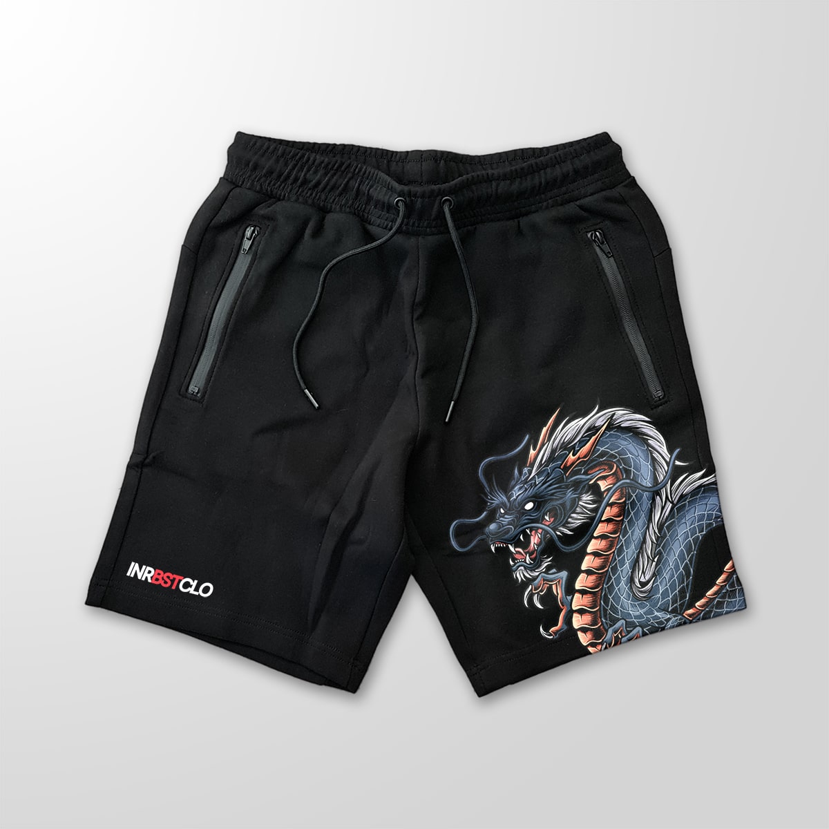 MIDNIGHT BLUE DRAGON BLACK FLEECE SHORTS W/ ZIP POCKETS image 0