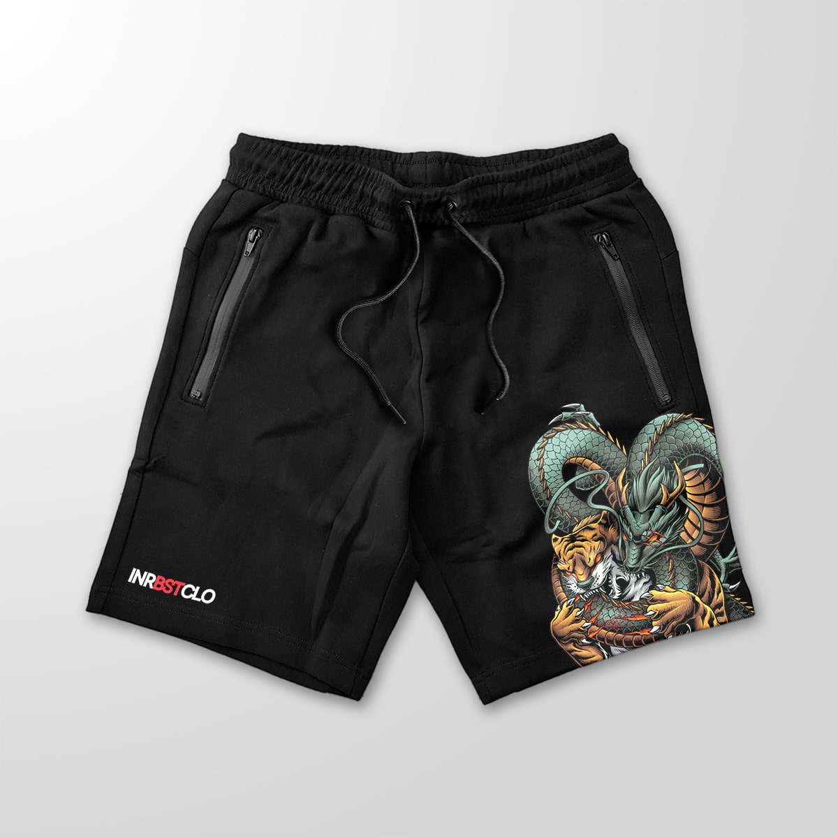 TIGER & DRAGON BLACK FLEECE SHORTS W/ ZIP POCKETS image 0