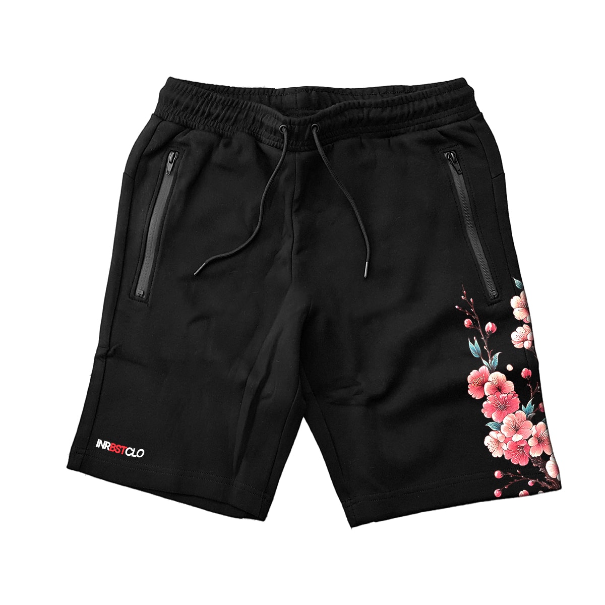 CHERRY BLOSSOM BLACK FLEECE SHORTS W/ ZIP POCKETS image 0